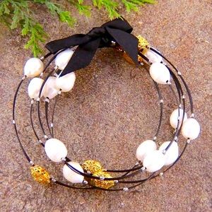 New Cultured Pearl & Goldtone Brass Filigree Beaded Bracelet Set